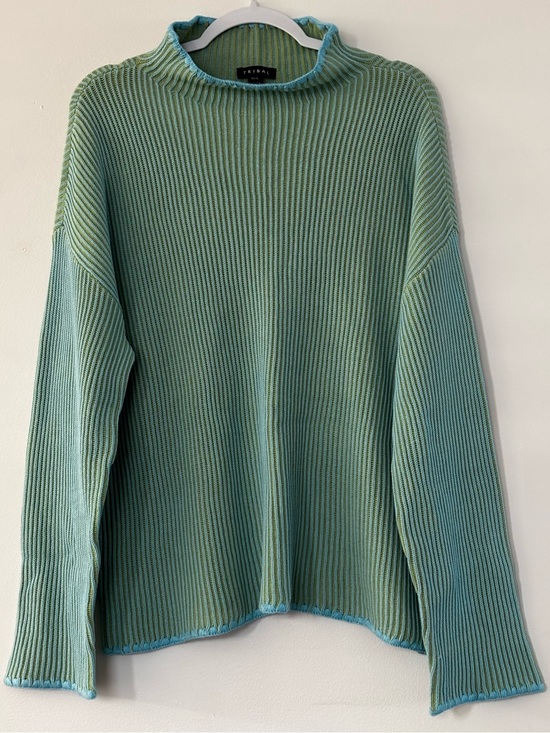 Tribal Sweaters - TRIBAL Ribbed Turtleneck Sweater in Aqua and Lime - Size XL